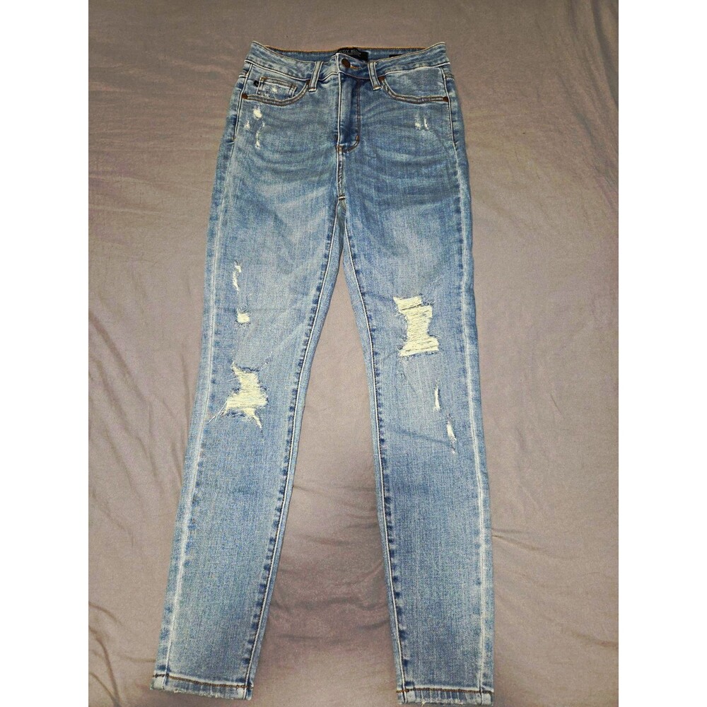 Judy Blue Womens Control Top Skinny Jeans Size 5 27W 27L Light Wash Distressed